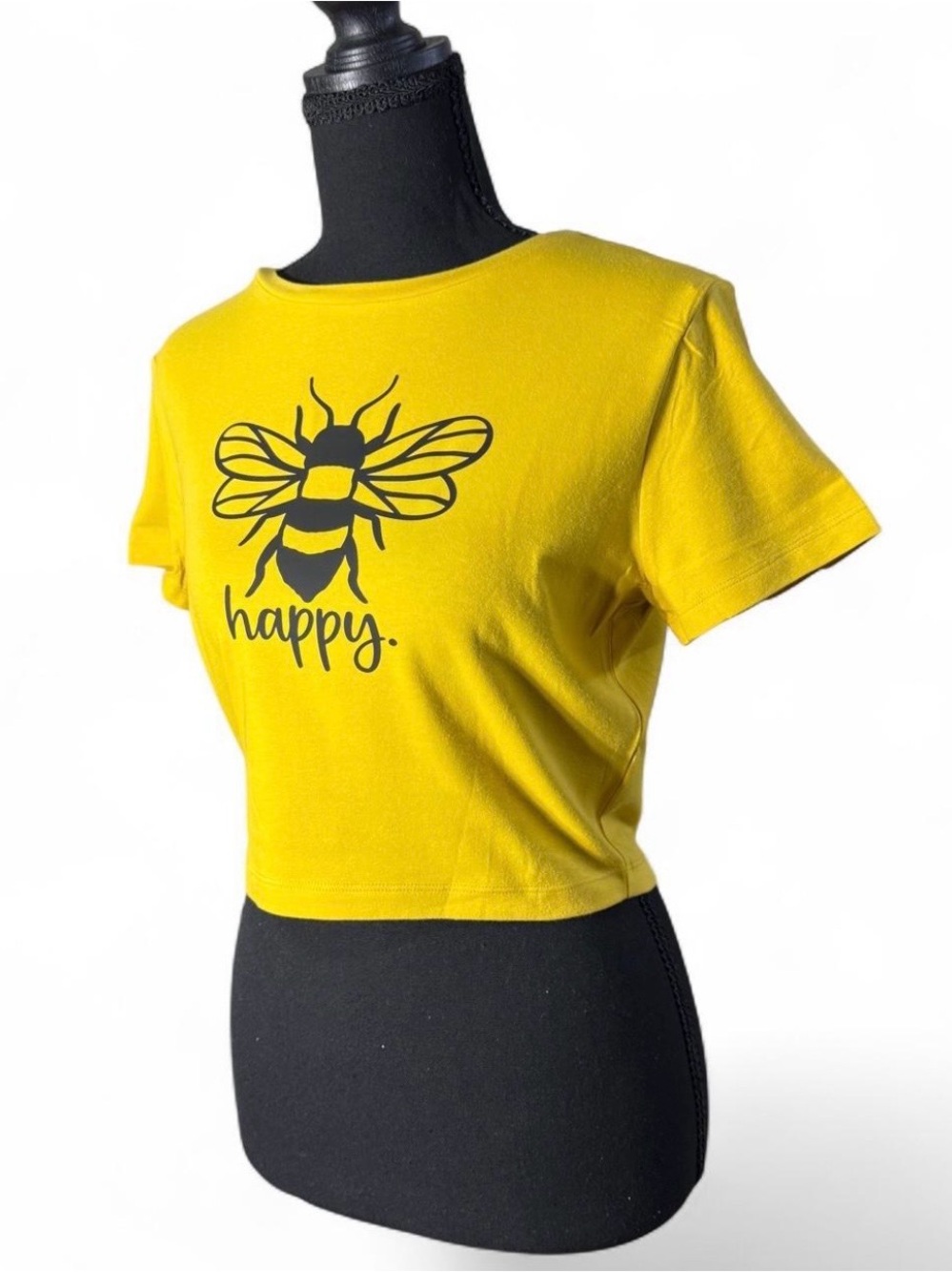 Wild Fable Mustard Yellow Bee Happy HTV Graphic Short Sleeve Crop Top Size Large
